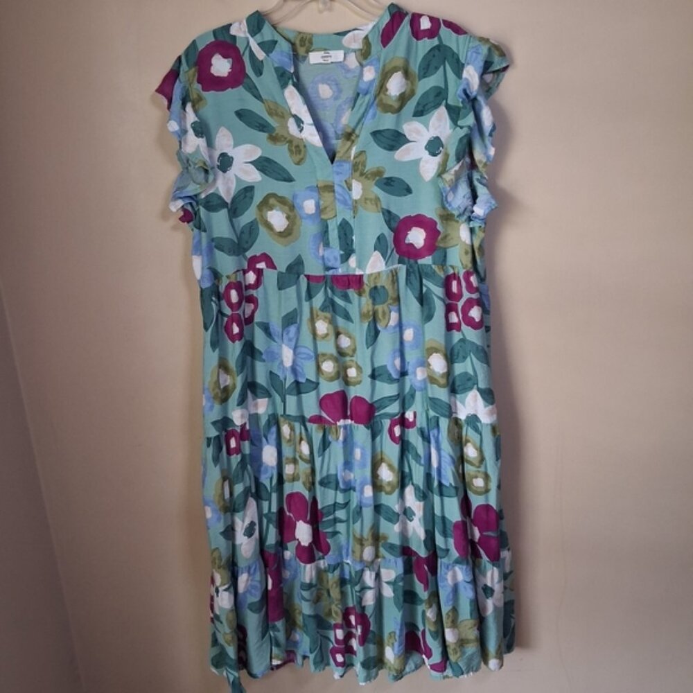 Entro Women’s Bold Floral Tiered Flutter Sleeve Midi Dress W/Pockets; Size 1X